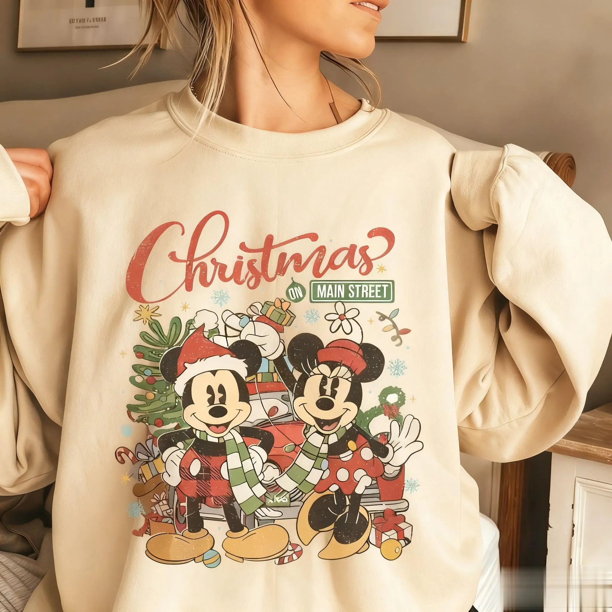 ディズニー クリスマス ミッキー ミニー プリント レディース クルーネック スウェットシャツ セーター グラフィック ストリートウェア カジュアル 冬 暖かい プルオーバー トップス Y2k