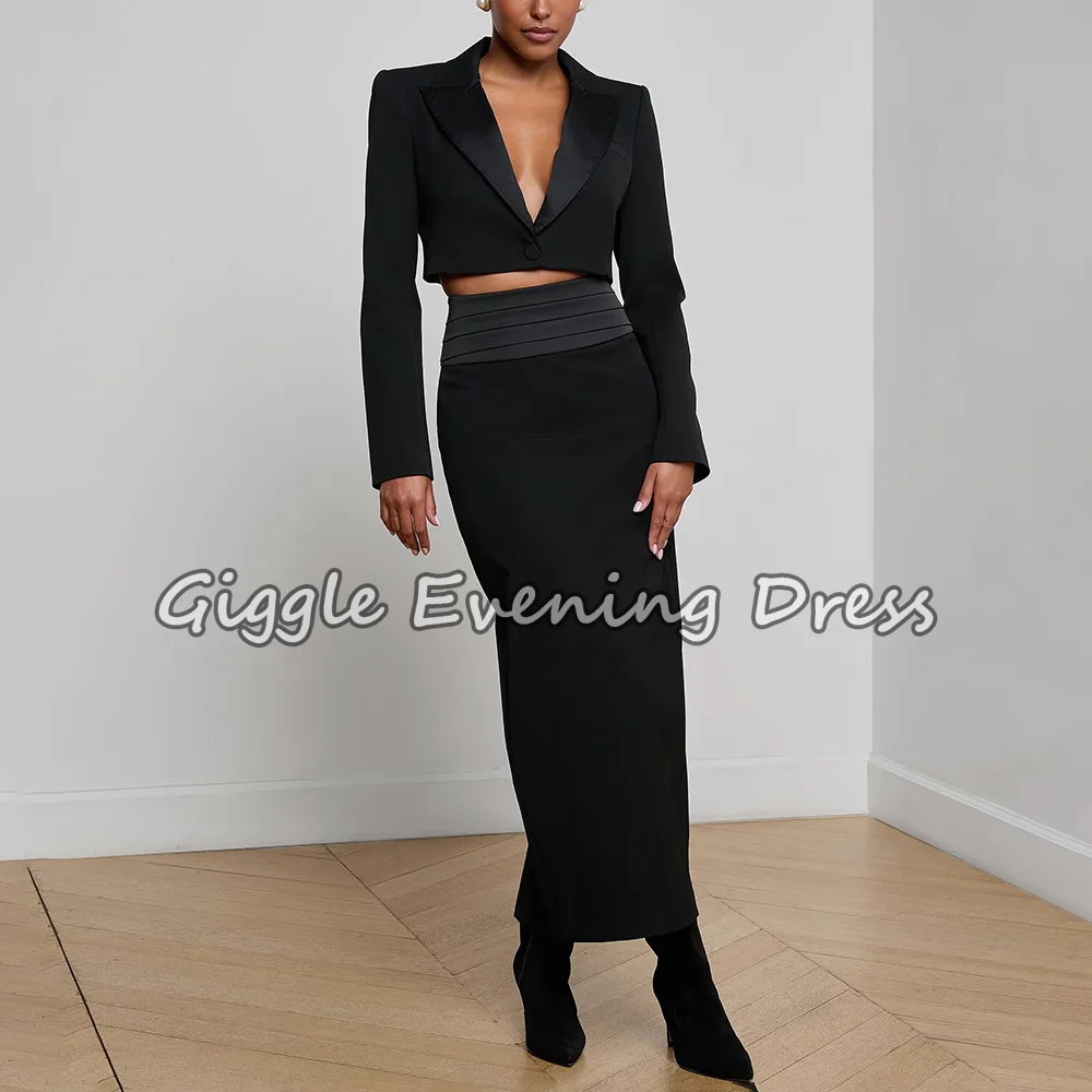 

Elegant Women's Black Blazer Two-Piece Evening Dress 2026 Satin Collar Crop Top Maxi Skirt Mermaid Formal Party Dress Customized