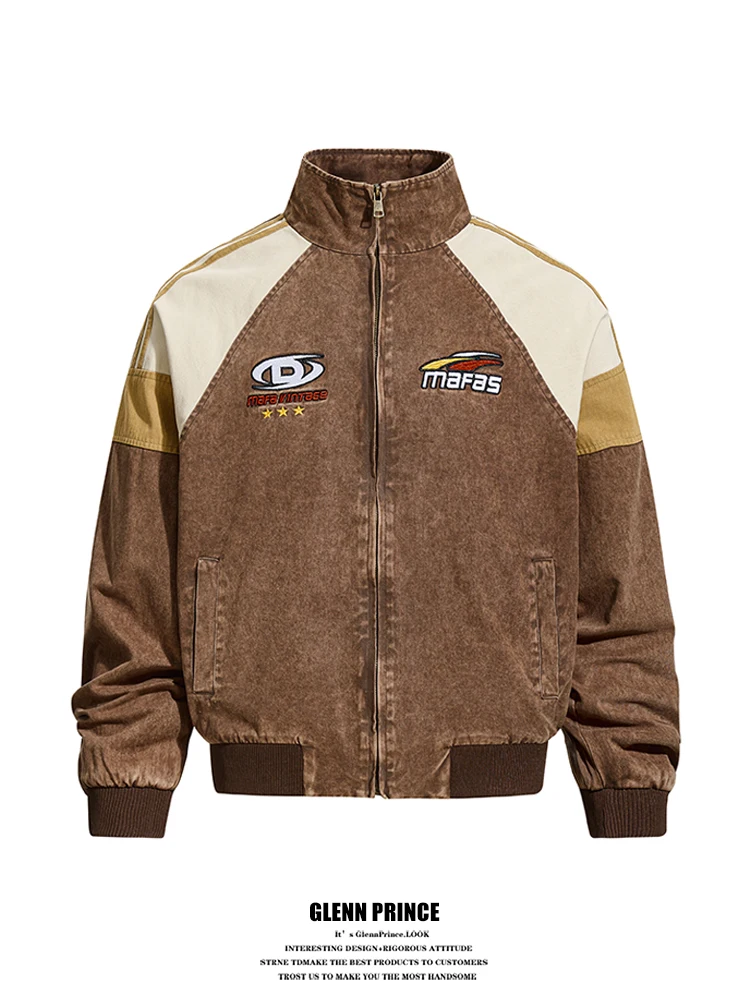 

American Retro Embroidered Patchwork Stand Collar Jaet Men's Spring Autumn Cool Street Racing Sle Outerwear for Couples