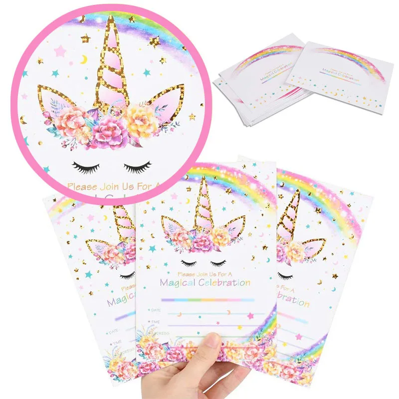 Unicorn Birthday Party Invitation Cards Girls Baby Shower Happy Birthday Party Kids Guests Paper Invitation Card Envelope Supply