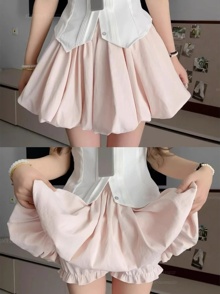 Cute Kawaii Korean Style Pink High Waist Ruffle Bubble Skort Petite Women Loose Slim Fit Summer Anti-exposure Daily Casual Wear