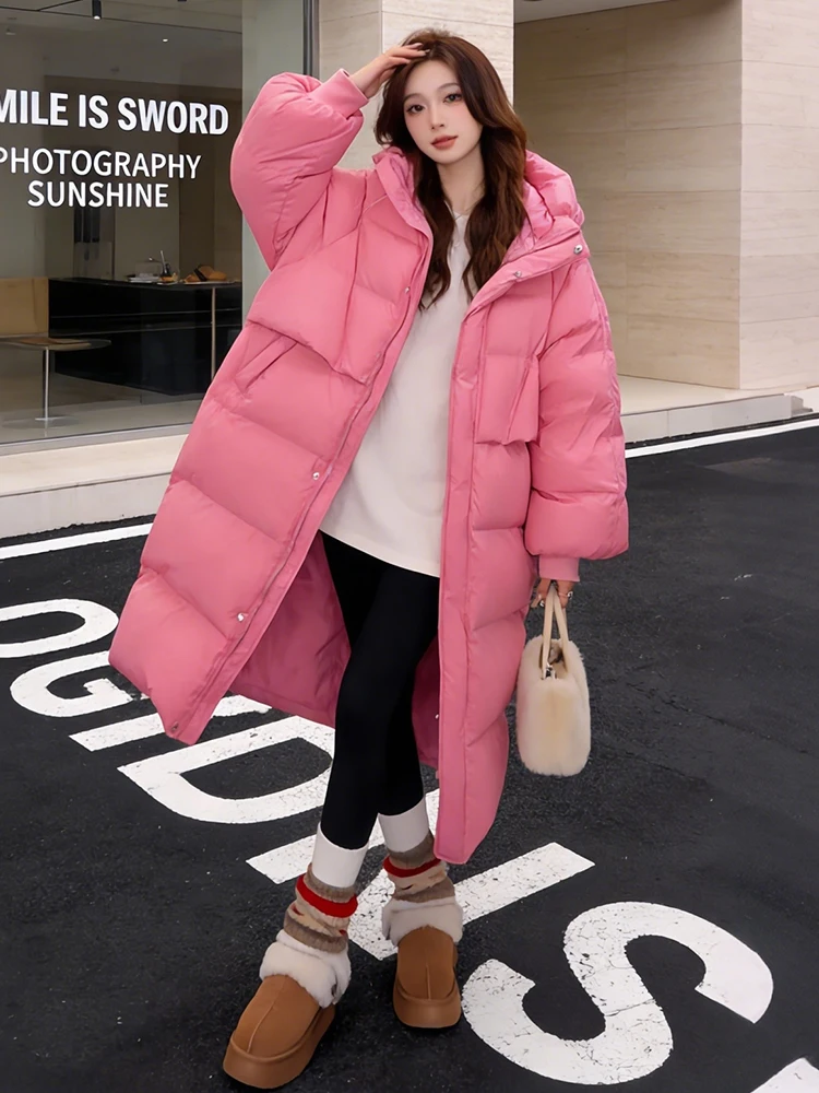 

Winter Thiened Long Hooded down Jaet Women's Mid-Length Cotton Coat Warmly Pink Color Blo Korean Sle Commute Faion