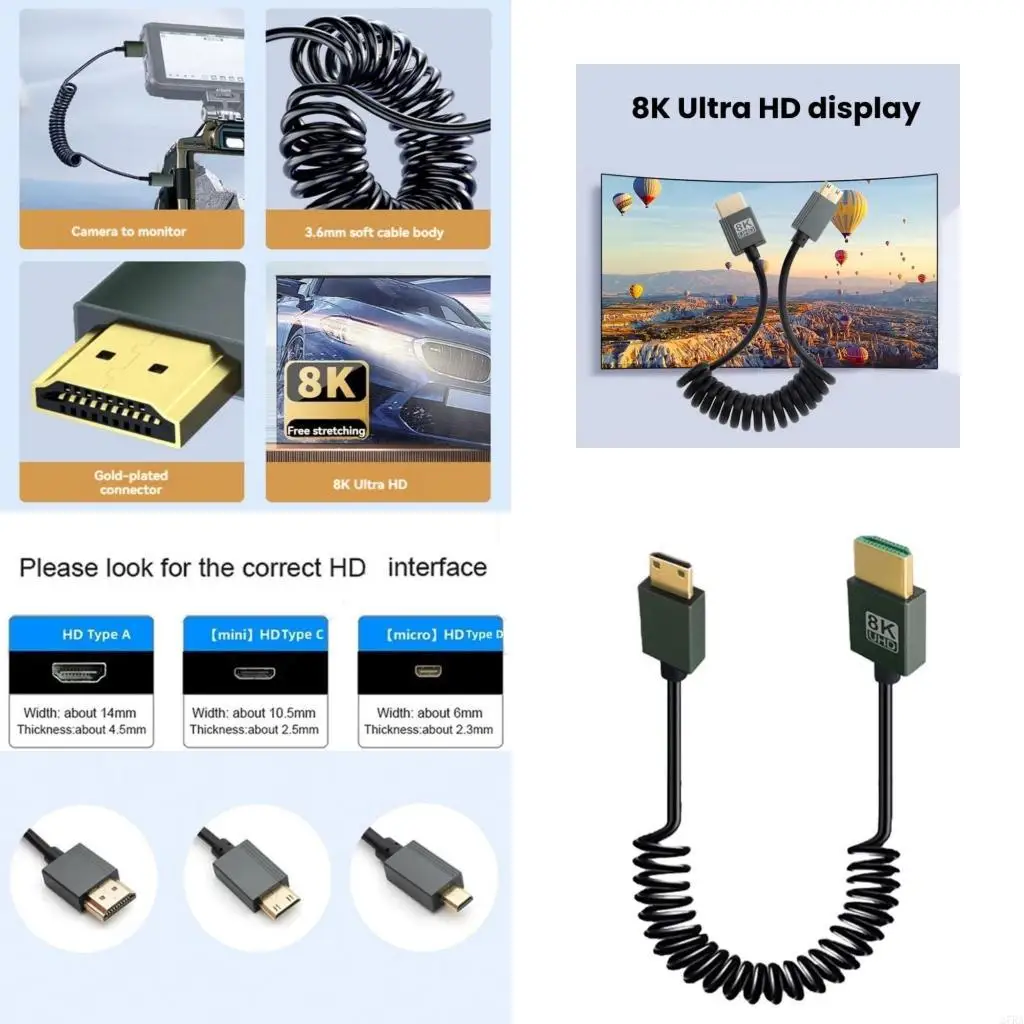 

27RA HDTV Coiled Cable 8K HDTV to HDTV Cable High Speed HDTV Male to Male A to C Extender Coiled Cable for Camera Monitors