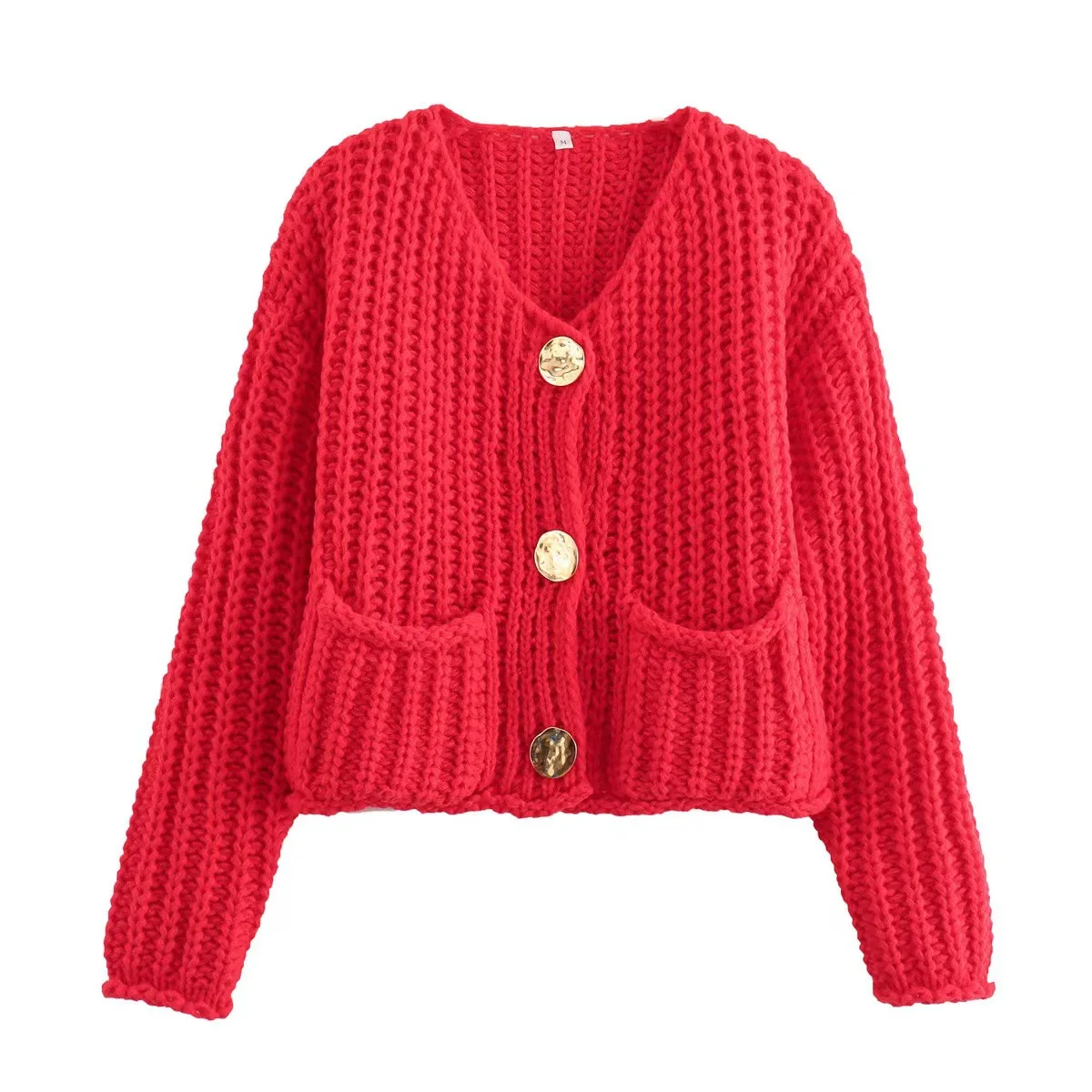 Women's Chunky Knit Cropped Cardigan Sweater Gold Button Patch Pocket V Neck Long Sleeve Knit Jacket Christmas Gift Fall Winter