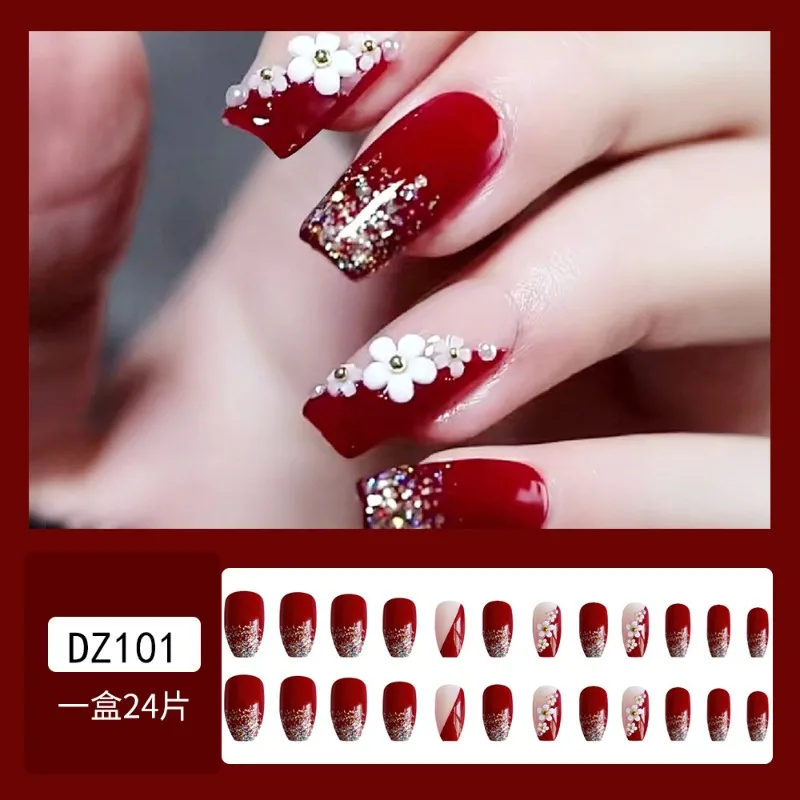 24Pcs Full Cover Press on Fingernails Tips Coffin Head Glitter Red False Nails Full Cover Fake Nails with 3D White Flower Design