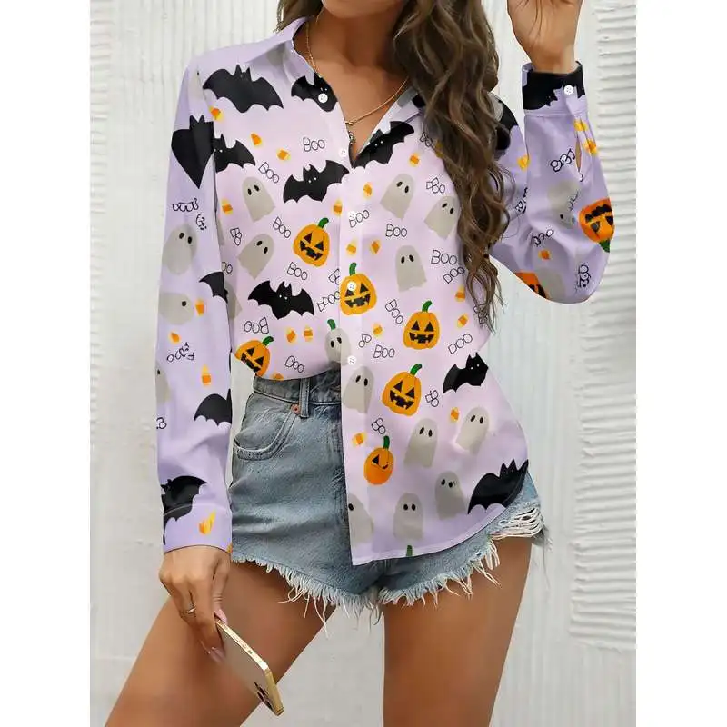 Women's long-sleeve top for daily commuting and casual wear fully printed with black bat and white pumpkin head patterns