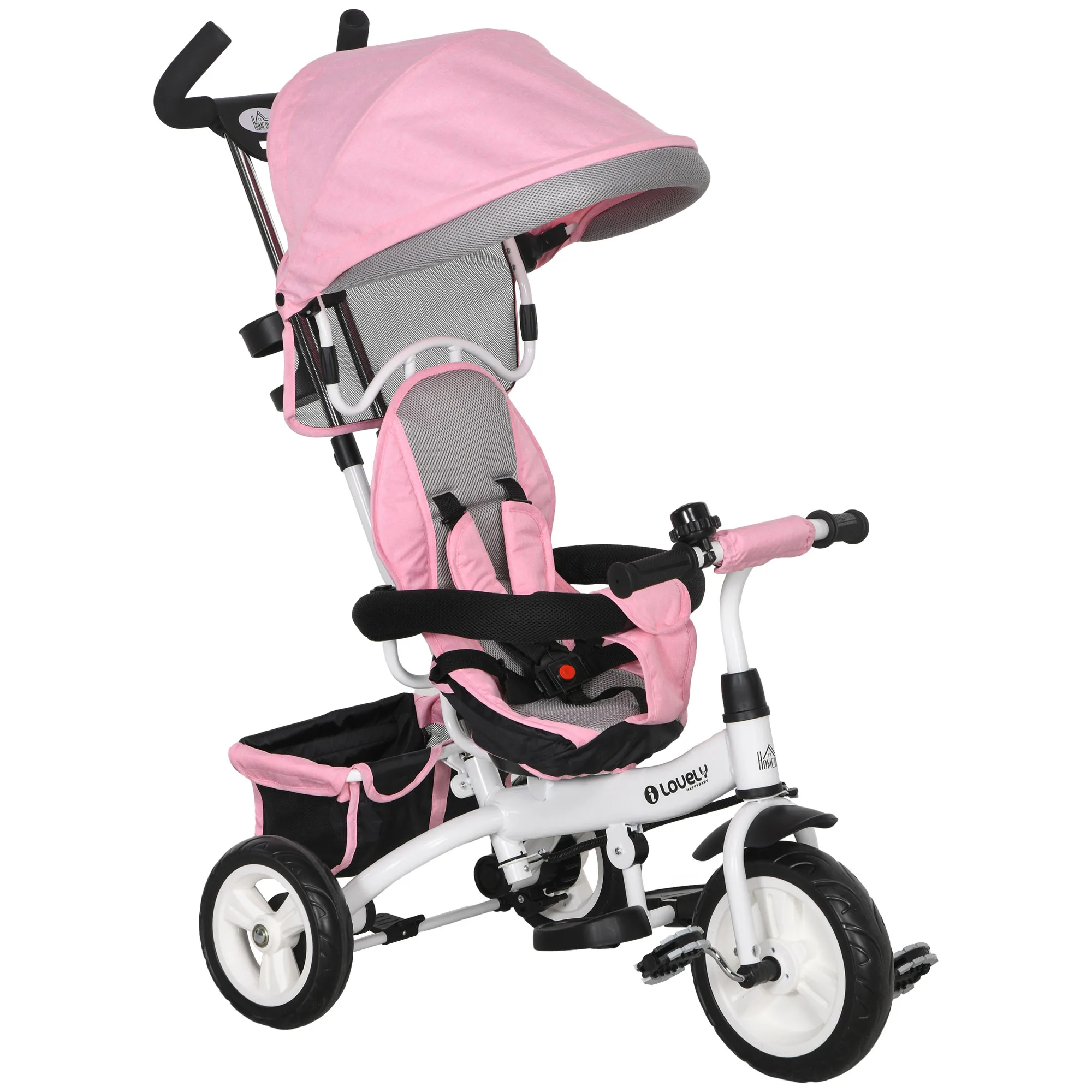 HOMCOM baby tricycle 6 in 1 with awning folding pink safety belt