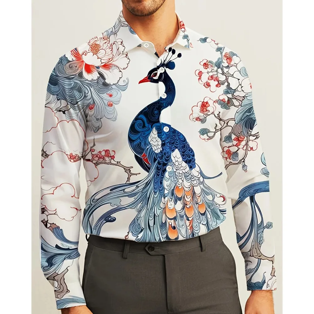 

Men's Interesting Animal 3D Printed Casual Shirt, Long-sleeved Collar Button Top, Peacock Pattern Hawaiian Shirt Mens Fashion