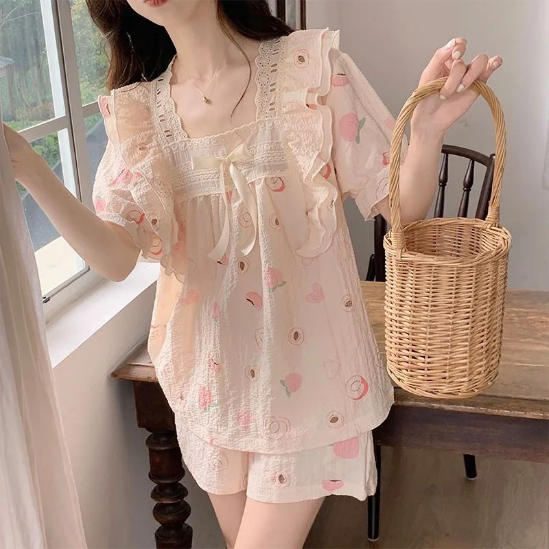 Girl Summer Cute Sweet Loose Pajamas Bubble Wrinkle New Leisure Home Clothes Suit Princess Style Lace Women's Two Pieces Set