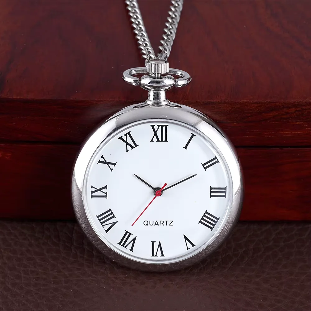 Single case silver pocket watch Roman scale white quartz watch clamshell long necklace watch