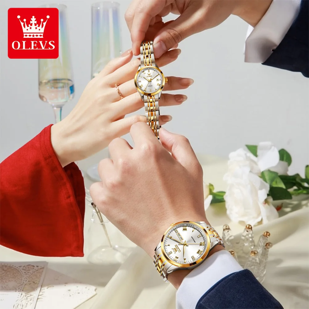 OLEVS 7062 ساعات الزوجين الفاخرة التلقائية الميكانيكية ووتش الفولاذ المقاوم للصدأ تاريخ الأسبوع الساعات للزوجين ساعة اليد للماء #5