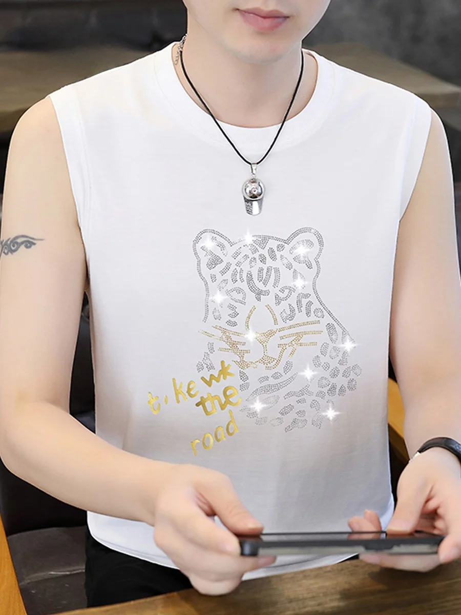 

TUCANO round Ne Svel Men's Vest T-irt Cool Sensation Rhinestone Brand Summer Youth Faion Cotton Blend Top