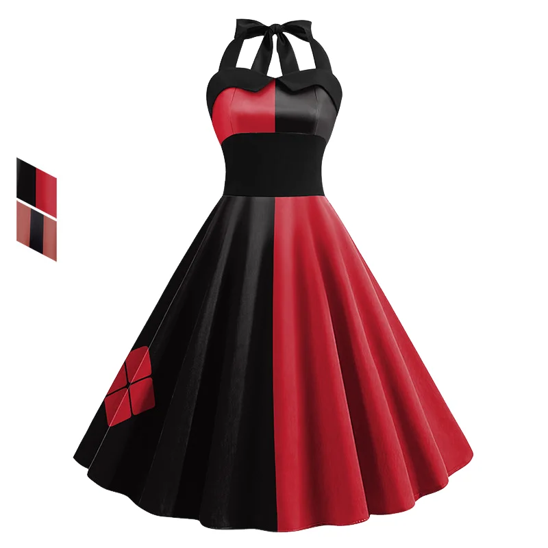 Halloween-Clown-Kostüm Harley Q Damen Neckholder-Schwingkleid 1950er Jahre Rot-Schwarzes A-Linien-Midikleid Karneval Cosplay Faschingskostüm
