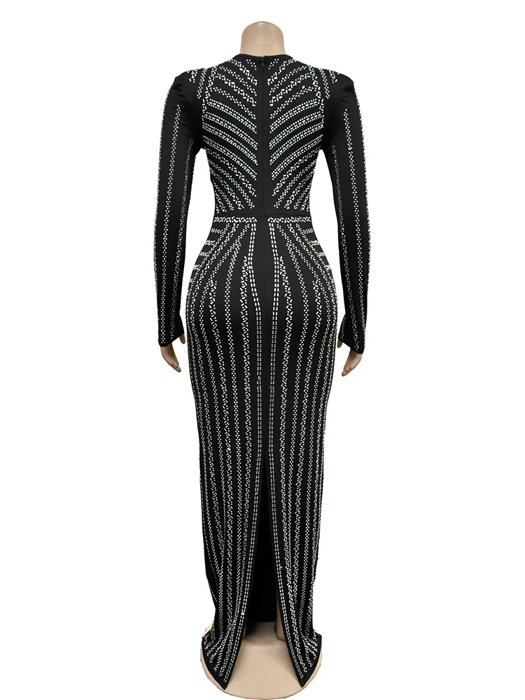 Sexy Diamonds Slim Long Dresses Robe  Bodycon Party Vestido African Women's Clothing Black Evening Elegant Gown