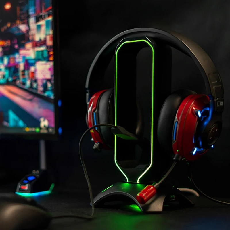 RGB Headset Stand with Mouse Bungee Cord Holder Gaming Headphone Stand with 2 USB Ports Over-Ear Headset Holder for Desk Display view 4