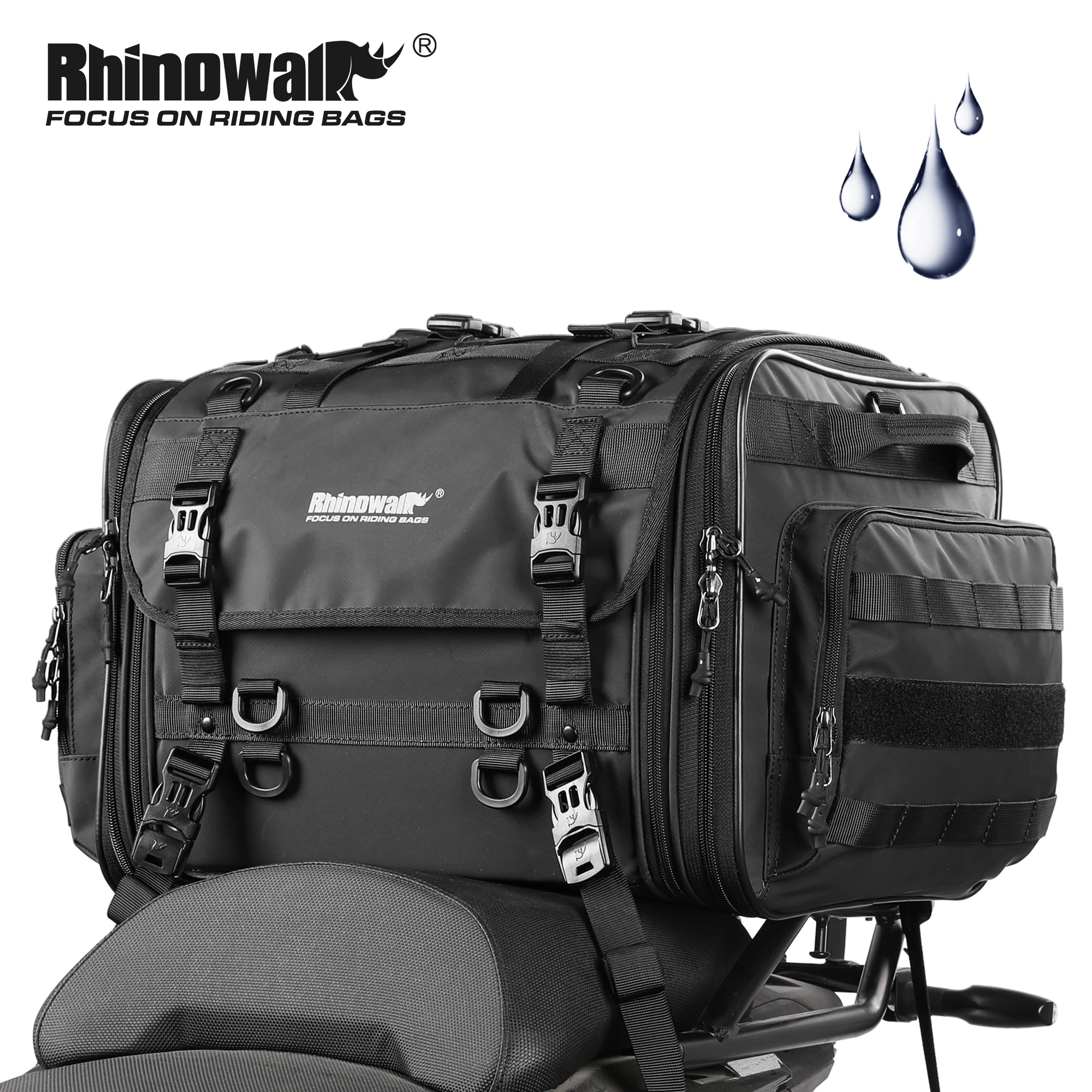 Rhinowalk 40-60L Motorcycle Tail Bag Waterproof Hard Large Capacity Motorbike Luggage Pannier Seat Bag With Raincover Outdoor