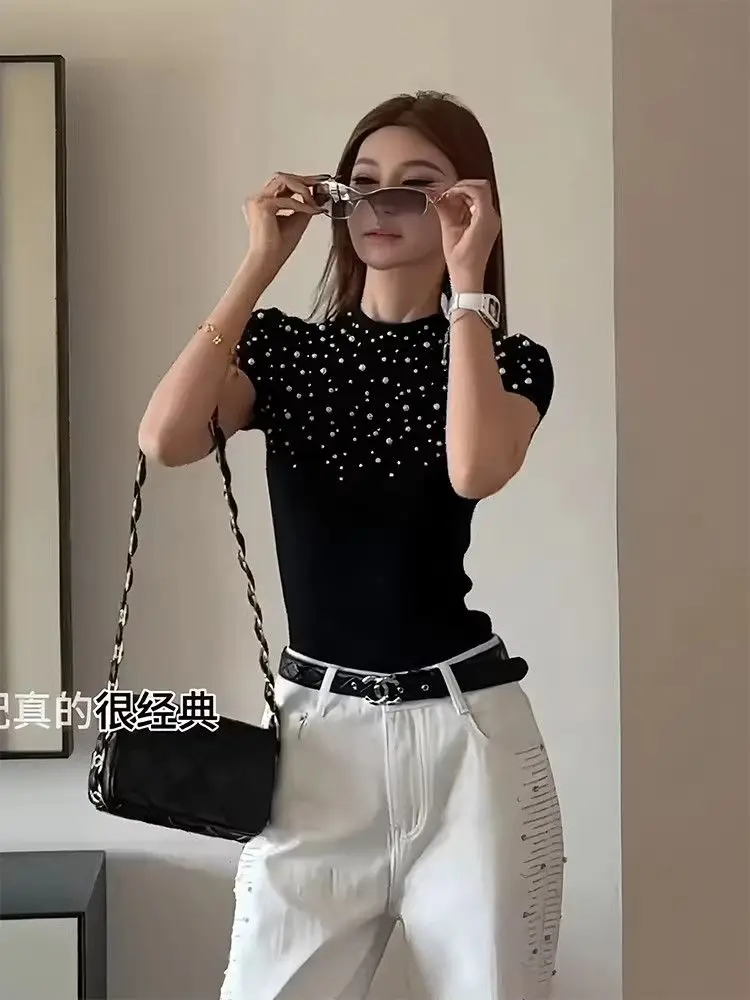 Glitzerndes Perlen-Strick-T-Shirt für Damen Vintage Schwarz Kurzarm Slim Fit Sommer-Top Schlichte Basic-Blusen 2026 Neu – Detail 5