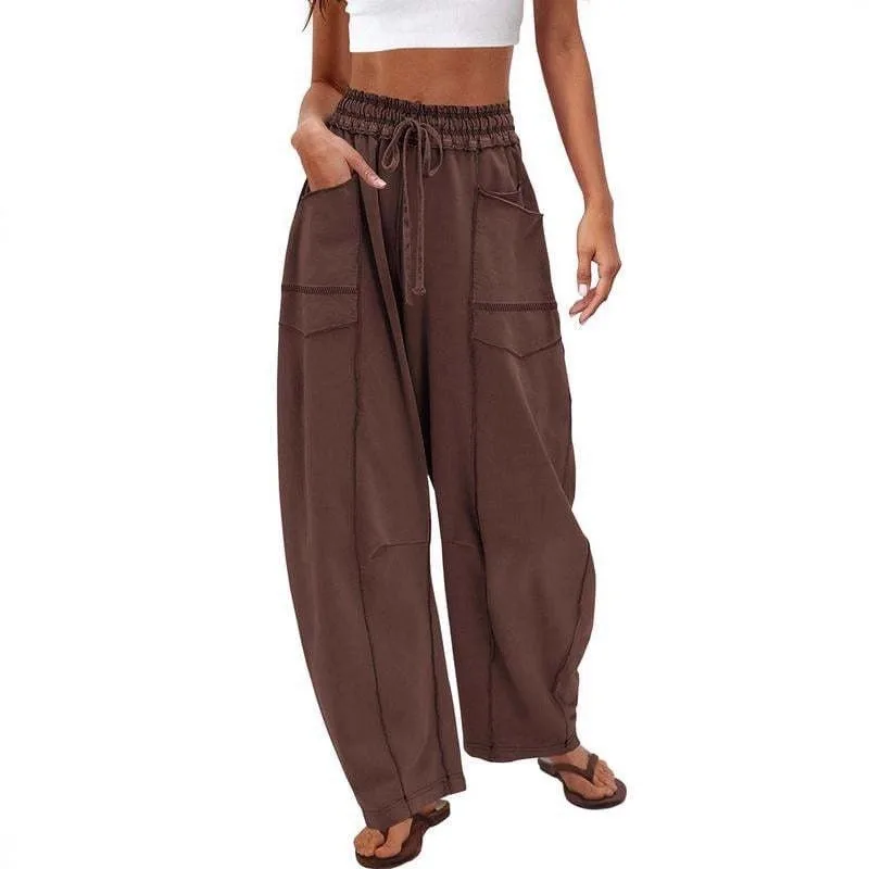 2025 Autumn Winter Fashion Patchwork Loose Casual Pants Women Elastic High Waist Drawstring Pocket Versatile Streetwear Trousers