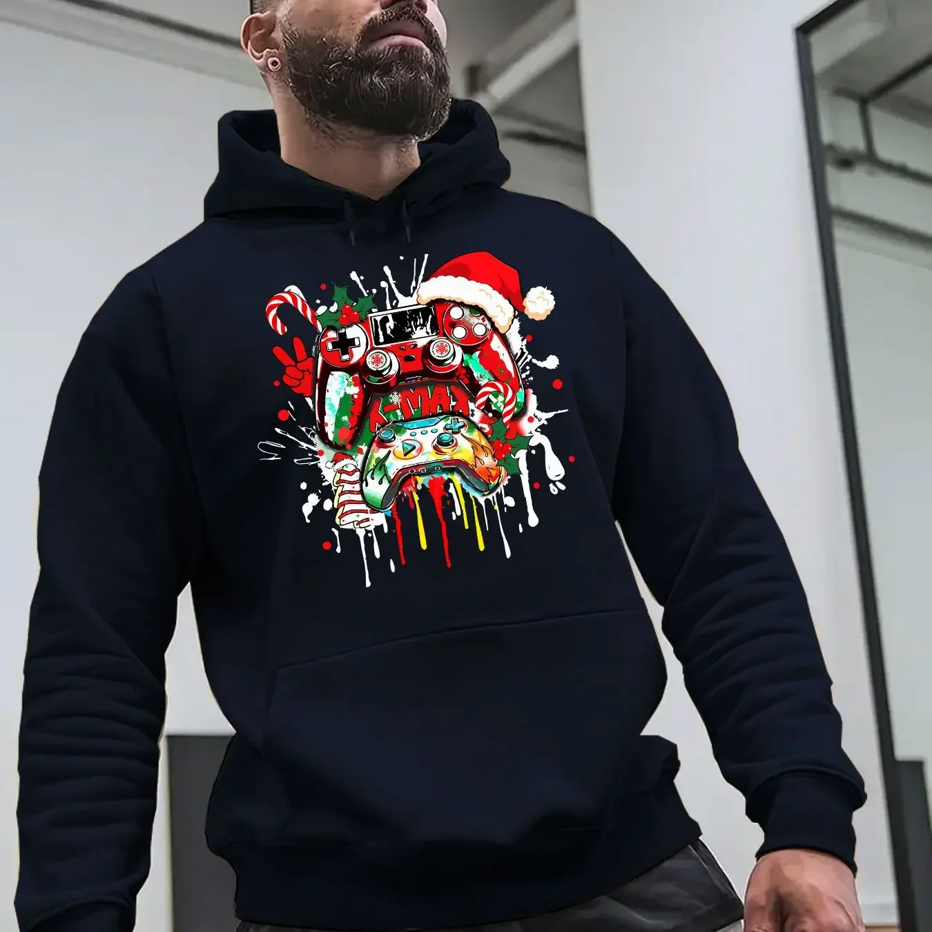 Christmas Gaming Controller Santa Hat Candy Cane Splash‑art Print Hoodie Unisex Loose‑fit Gamer Xmas Sweatshirt