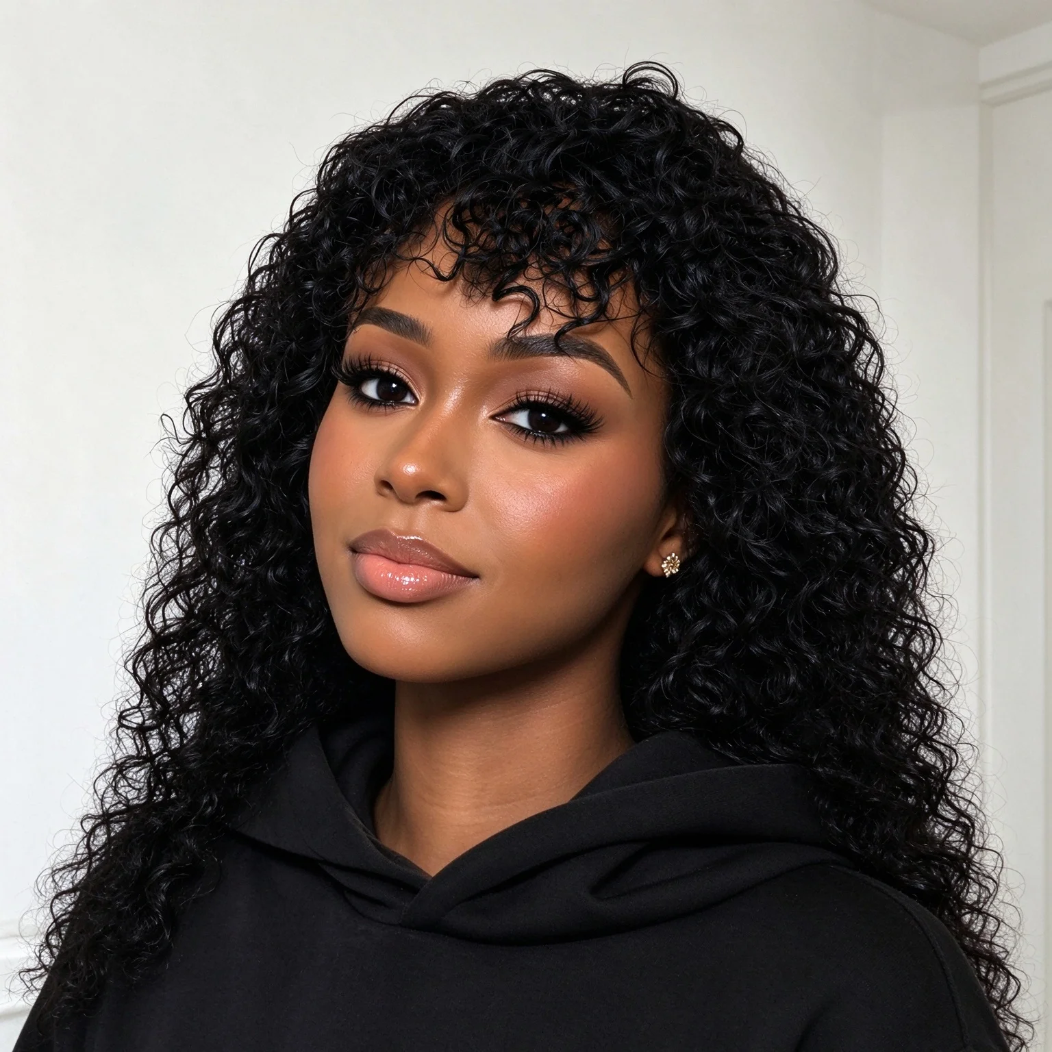 16 Inch Jet Black Medium Length Fluffy Water Wave Human Hair Wig with Curly Bangs, Lightweight Natural Scalp Loose Deep Wave Full Head Wig,Full Machine Made for Beginner Friendly Daily Party Wear