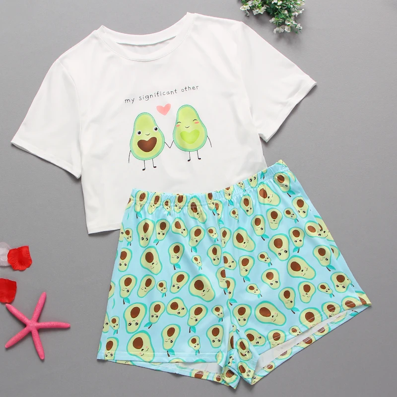 

Cartoon Avocado Print Pyjama Set for Women Short-Sleeve T Shirt with Shorts Pajama Sets Summer Pajamas Casual Pijama Sleepwear