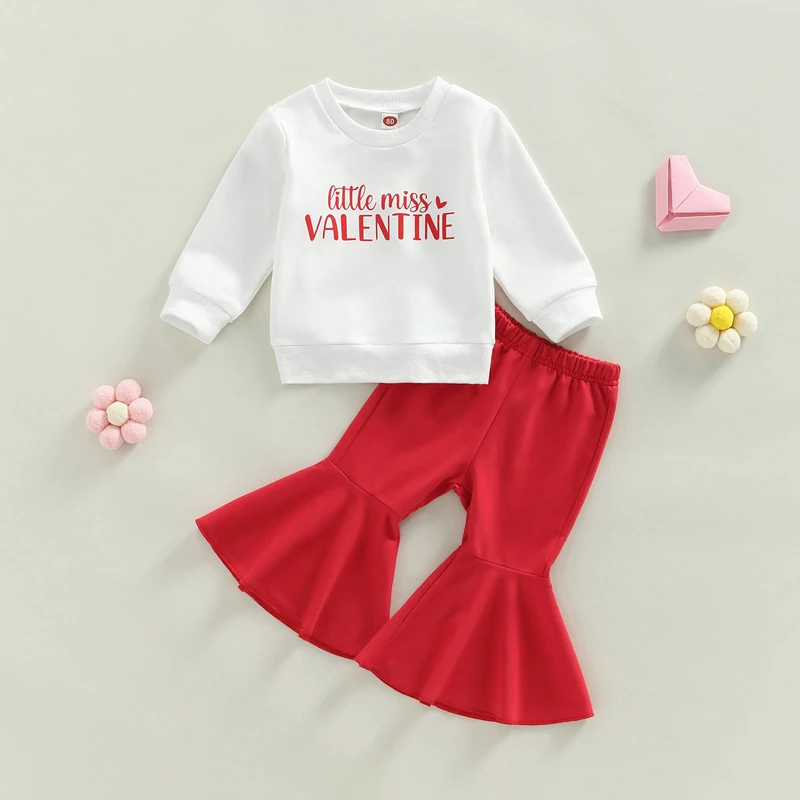 Conjunto de 2 piezas para niñas, sudadera de manga larga con cuello redondo y pantalones acampanados con letras estampadas y cintura elástica