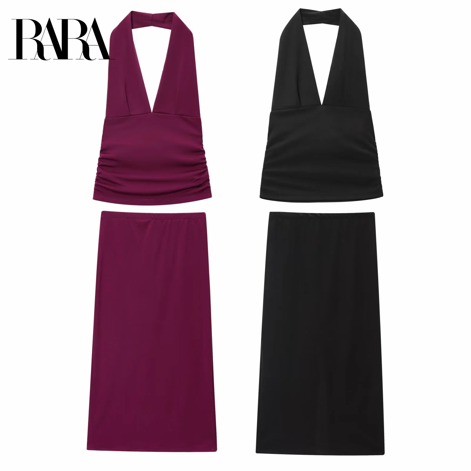 

RARA2025 new summer women's casual simple sexy pleated elastic tight halter neck backless top + elastic waist long slit skirt