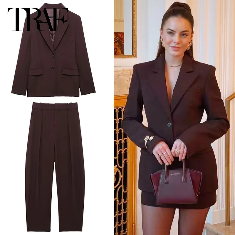 TRAF Women's Elegant Pants 2 Pieces Set 2025 Spring Outfit Large Size Blazer Coat Wide Leg Long Pants Formal Office Trousers Set