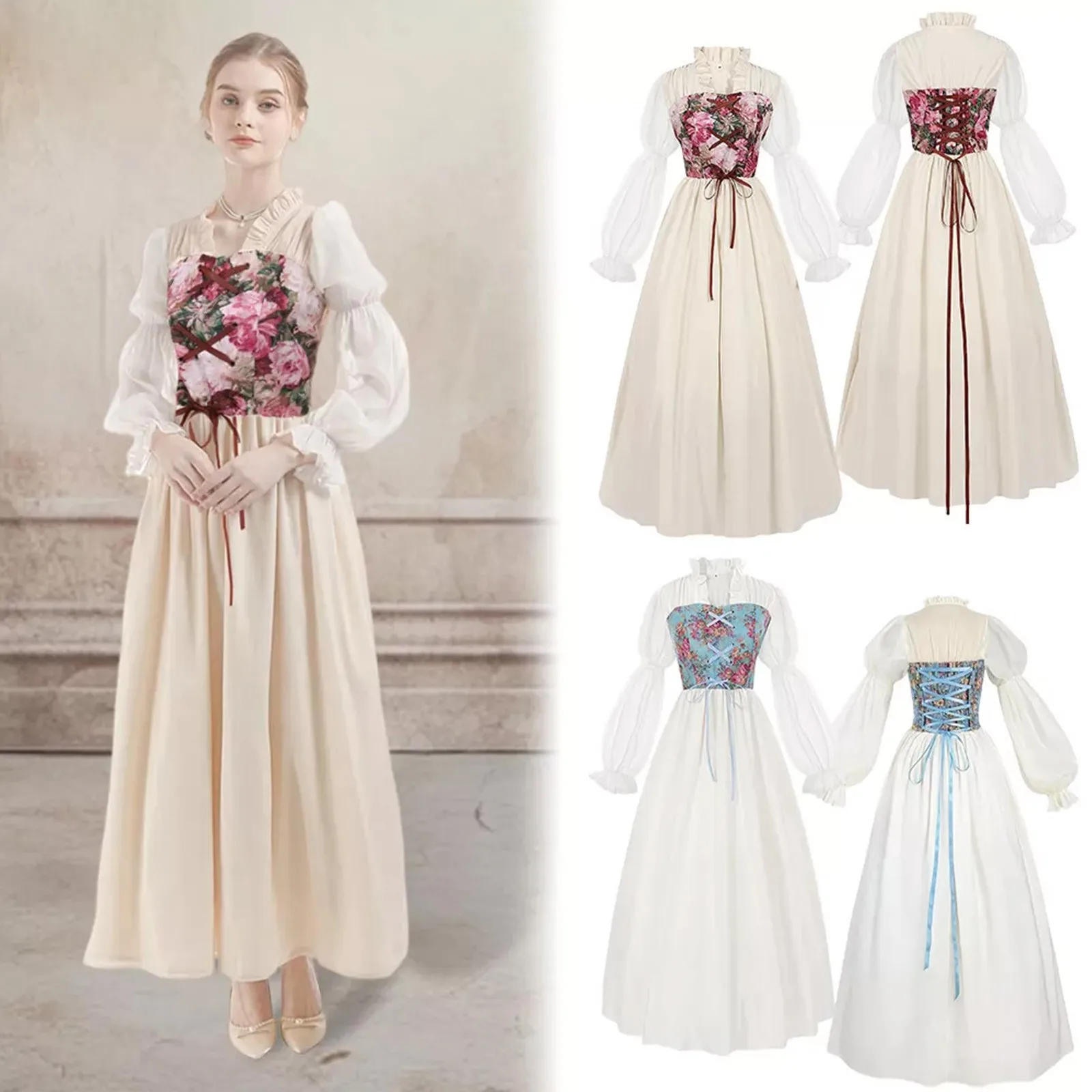 Gothic Medieval Dress Women Vintage Long Sleeve Sweetheart Dress Solid Court Style Dresses Formal Banquet Prom Party Dresses
