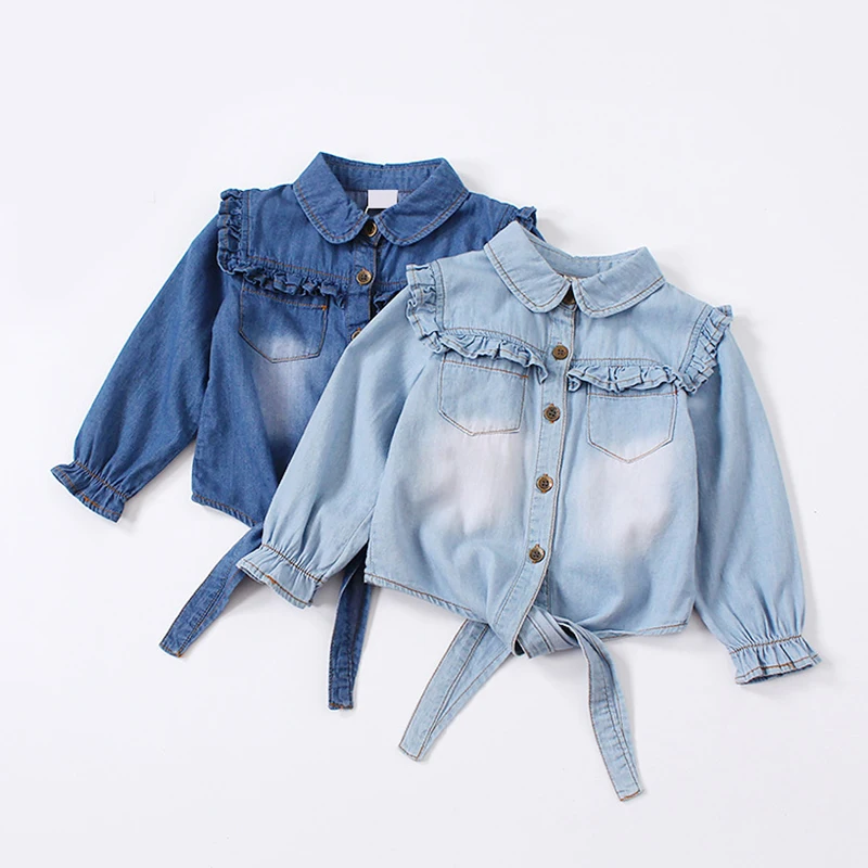 Girls Autumn Denim Shirts Casual Ruffles Blouses Kids Tie Knot Shirt Toddler Baby Girls Long Sleeve Tops Children Outwear Spring