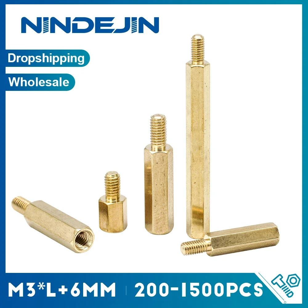 NINDEJIN 200-1500pcs Hex Brass Standoff Spacer Screw Pillar Male to Female Computer PCB Motherboard M3*L+6mm