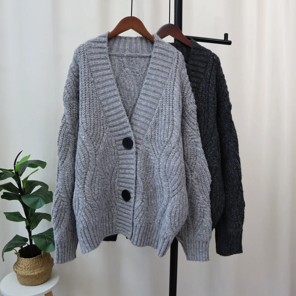 

Winter Cardigan Women's Sweater Korean Loose Knitted Cardigan Casual Solid Knit Jacket Medium Long Thick Autumn