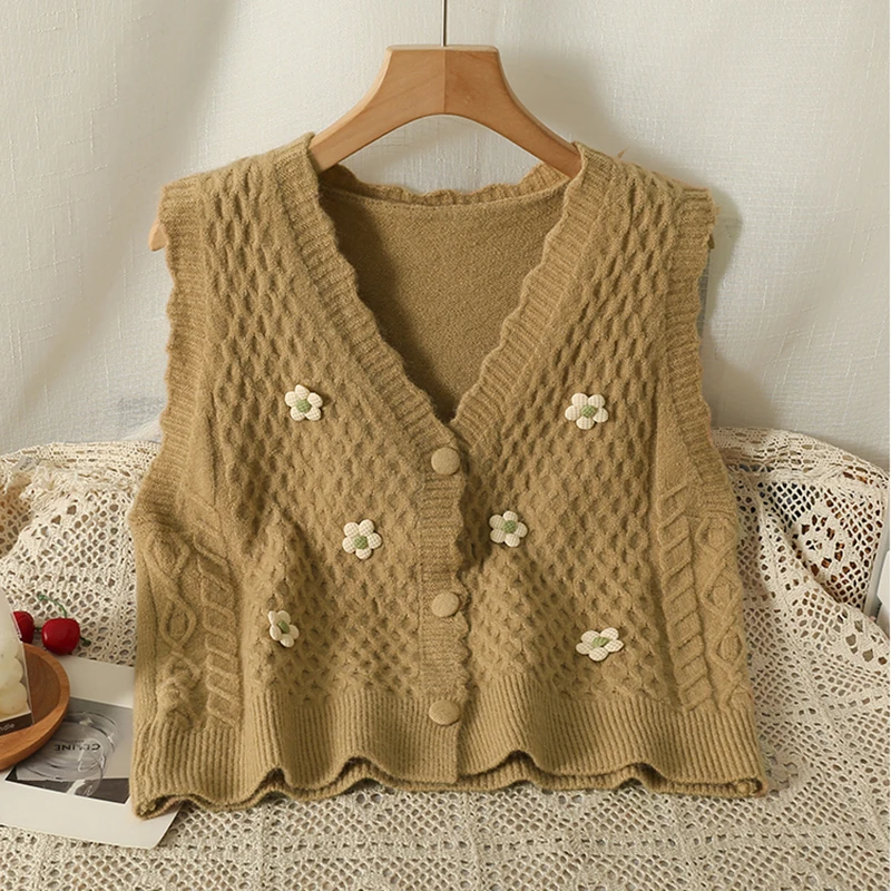 HELIAR Women V-neck Buttons Up Cardigan Flower Preppy Style Sweet Sweater Vest Office Knitted Vest Casual Tops Autumn Winter