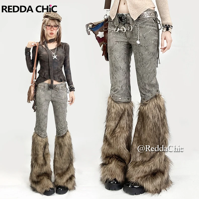 REDDACHiC Faux Fur Women's Boot Cut Pants Fuzzy Grayu Y2k Vintage Washed Slim Fit Patchwork Flared Trousers Harajuku Streetwear