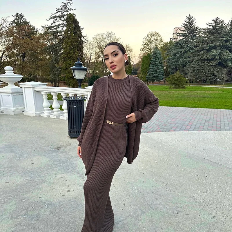 Ankle Length Knitted Dress Slim Fit Solid Two Pieces Women Long Sleeve Cardigan Dress Sets Basics Slight Strech Winter 2024