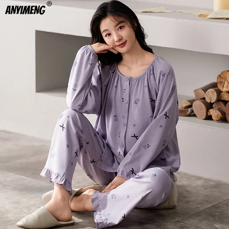 Autumn Winter Women Cotton Pajama Sets Long Sleeves Full Pants Pajamas Ruffled Cuff Homewear Woman Cardigan Cute Pijamas