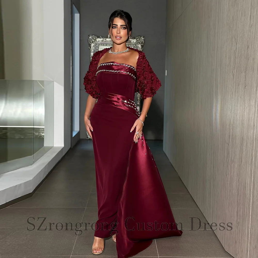 

Customized High Quality Boat Collar Pleated Ankle Length Bridal Saudi Arab Gown Beading Flowers Backless Prom Gown with Train