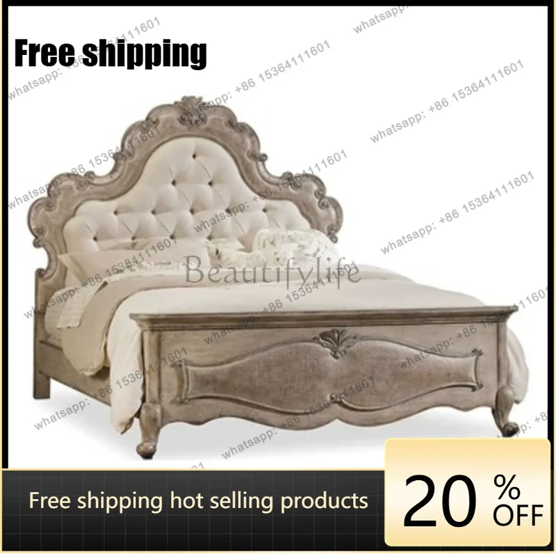 Zj. American retro solid wood bed bedroom French soft bag bedside Nordic oak