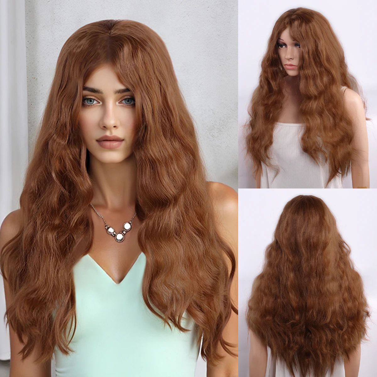 

Длинный волнистый парик 75 см, коричневый, с центральным пробором, пушистый синтетический парик для повседневной носки