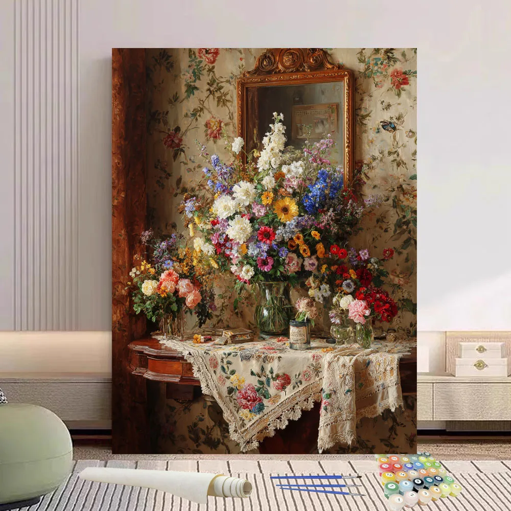 

Картина по номерам, красочный букет на столе, сделай сам, ручная роспись маслом, холст, раскраска, уникальный подарок, украшение для дома