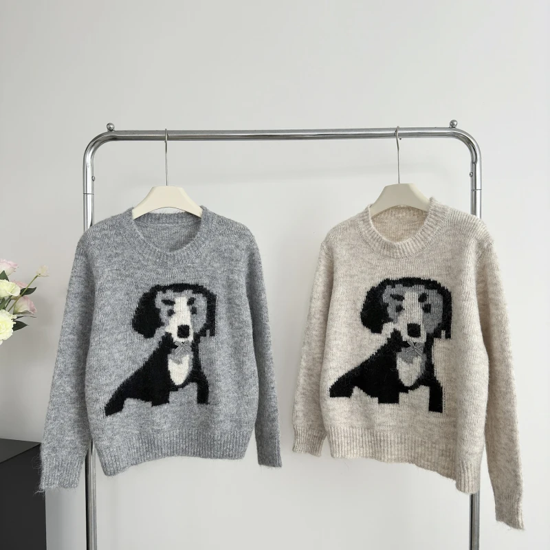 Bomon Autumn/Winter 2024 new Korean version of Instagram fashion trend Embroidery cartoon dog round neck with sweet sweater top