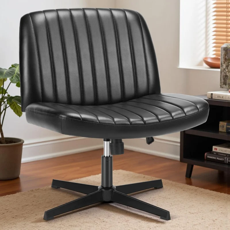 

Black PU Leather Armless Desk Chair No Wheels Adjustable Swivel for Home Office