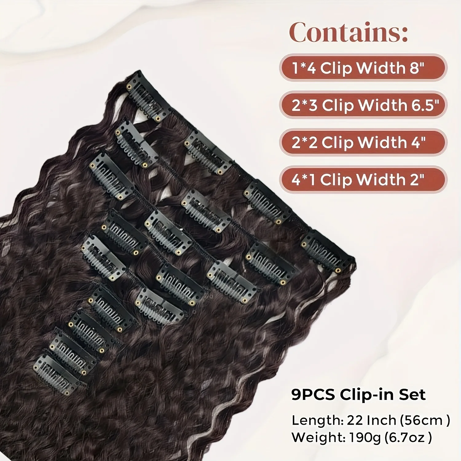 ต่อผมแบบหนีบผมหยิกขนาด 22 นิ้ว 9 ชิ้น ชิ้น ผมสังเคราะห์ยาวและหนา เหมาะสําหรับผู้หญิง สีน้ําตาลเข้ม