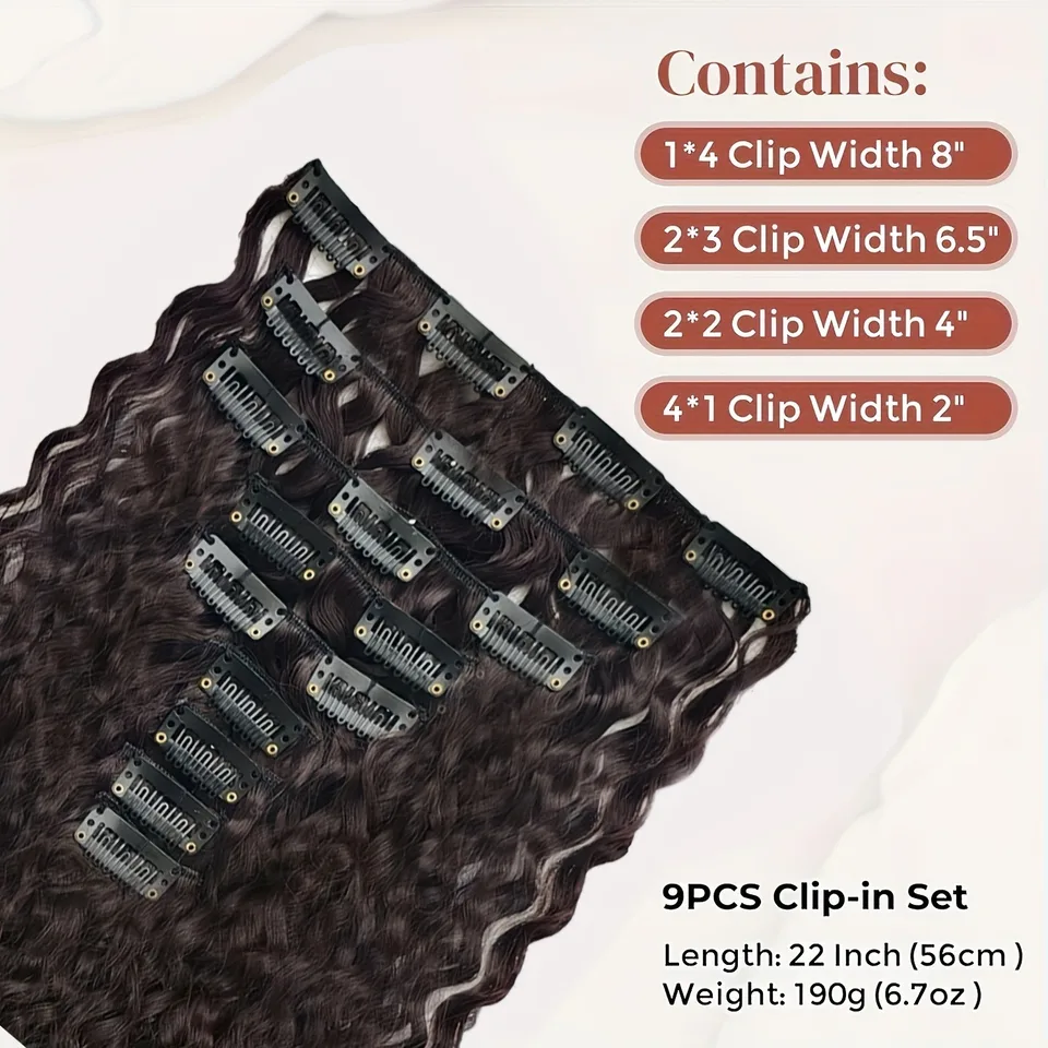 9 piezas de extensiones de cabello rizado con clip de 22 pulgadas, postizos sintéticos largos y gruesos para mujer, marrón oscuro 3