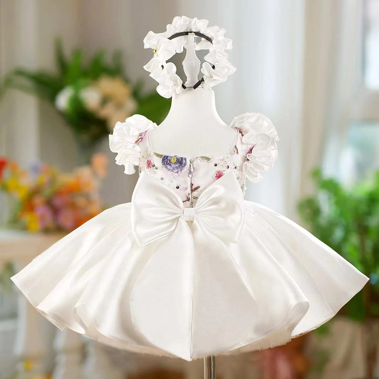 Children's Dress Girl's Clothes Children's Dress Heavy Industry Flying Sleeve Princess Dress White Satin Puff Evening Dress