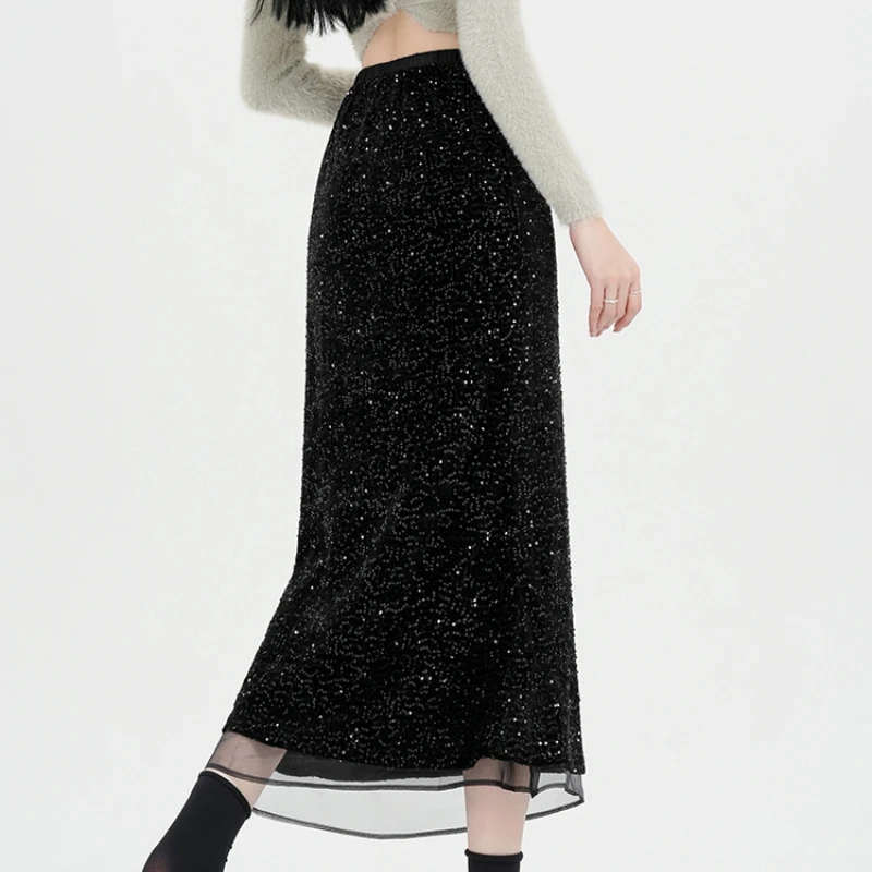 Women\'s Sequin A-line Skirt Black Glitter Sequined Velvet Long Skirt Ladies Night Outfit Party Wear