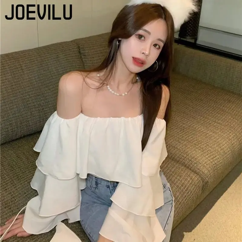 JOEVILU Chiffon Shirt Off Shoulder Ruffle White Blouse Spring and Summer Women\'s Casual Tops Ladies Korean Style Blusas Crop Top