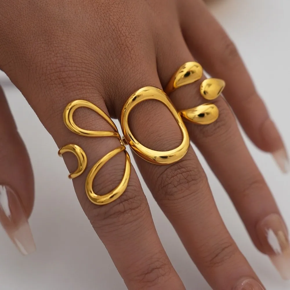 Aesthetic Vintage Geometric Rings Gold Plated Opening Design Line Rings Minimalist Stainless Steel Large Rings