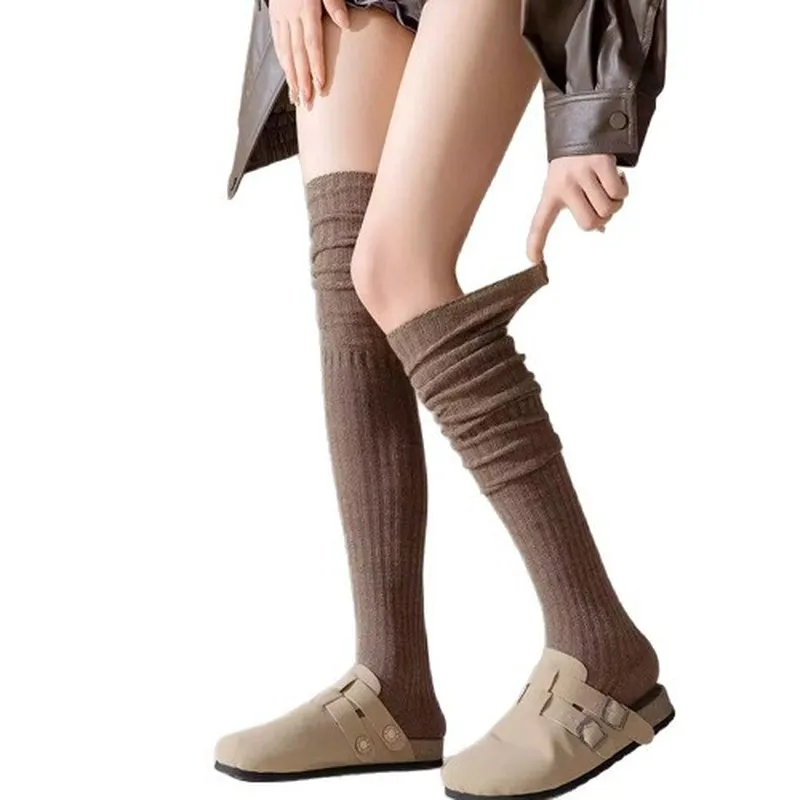 Autumn Winter Thigh High Socks Women Casual Solid White Slouchy Crew Socks Knitted Thick Warm Sports Stockings for Daily Wear