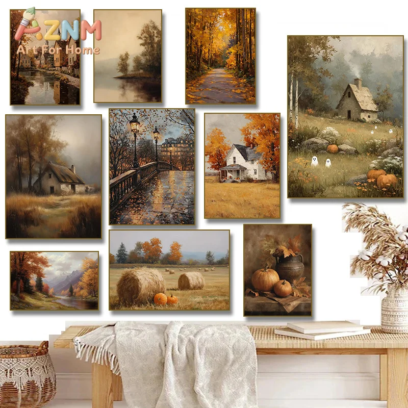 AZNM Vintage Fall Oil Painting Canvas Wall Art Autumn Cottage Village Hay Bale Pumpkin Cute Ghost Rustic Farmhouse Unframed Canv